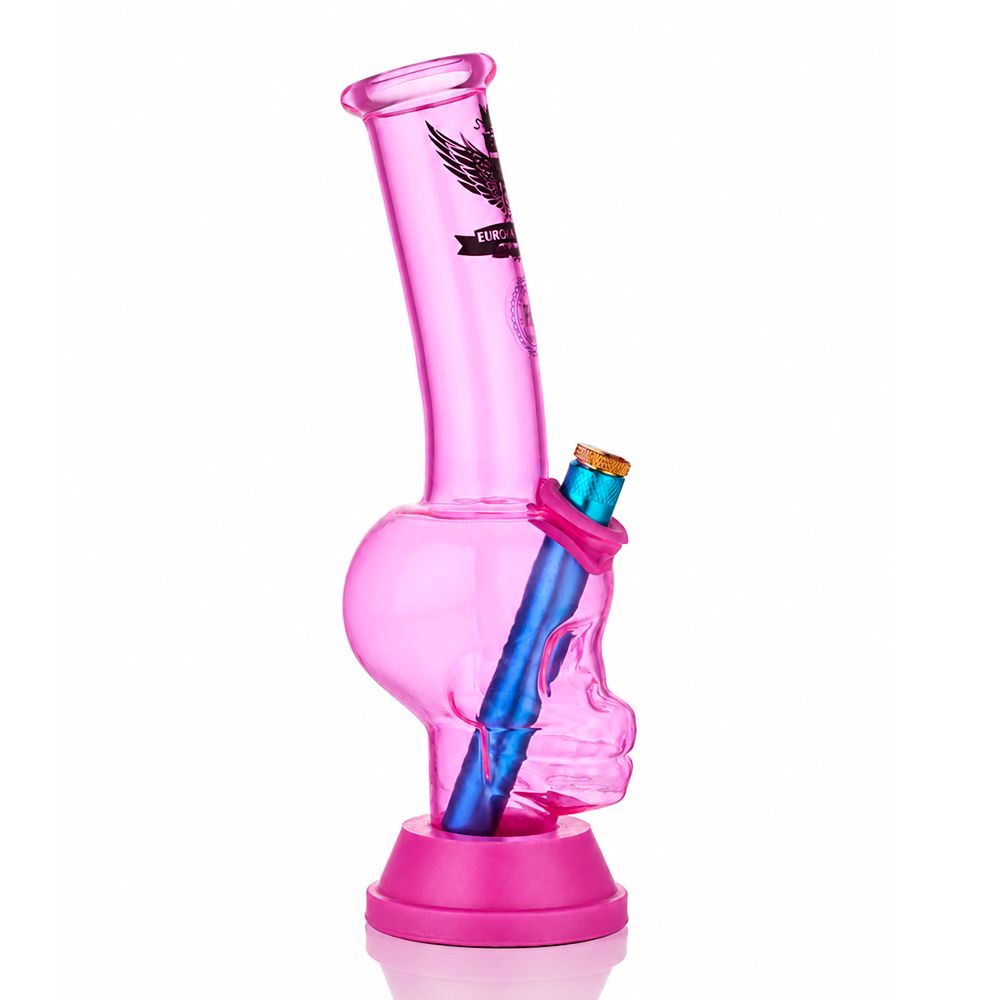 Bong Warehouse Pink 3D skull glass bong 27cm with blue stem side view