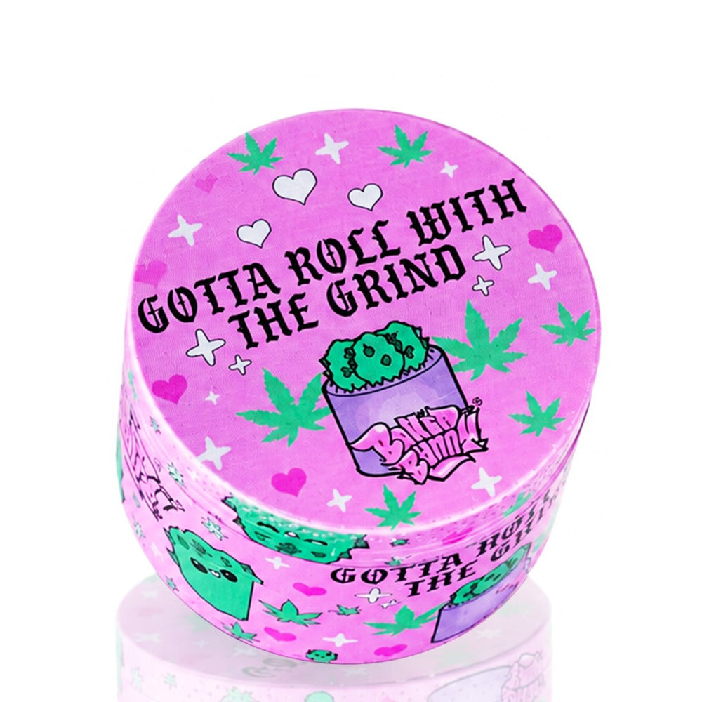 Pink Roll With The Grind weed grinder front view with cactus design – Baked Bunny cute grinder, boho stoner vibes, sparkly heart pattern, dainty cannabis gift for her