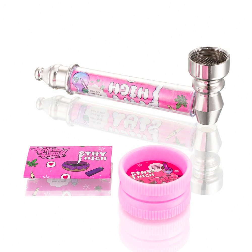 Baked Bunny Stay High pink pipe kit from Bong Warehouse with glass steamroller pipe, pink grinder and rolling papers