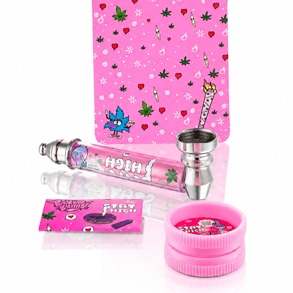 Baked Bunny Stay High pink pipe kit contents from Bong Warehouse: glass pipe, pink grinder, pouch and card