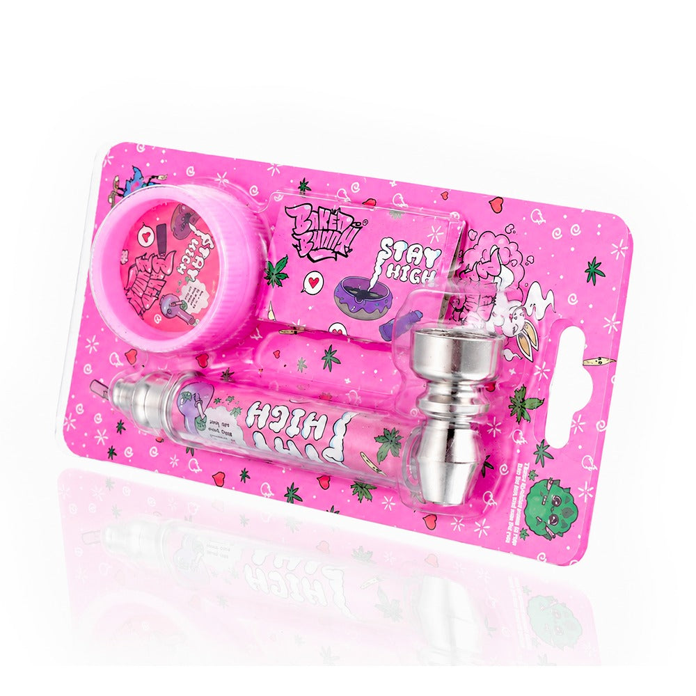 Baked Bunny Stay High pink pipe kit from Bong Warehouse in printed blister packaging, angled view