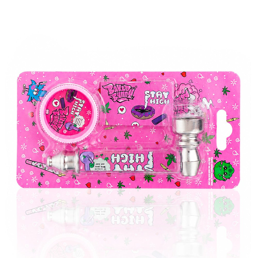 Baked Bunny Stay High pink pipe kit from Bong Warehouse in printed blister packaging, front view