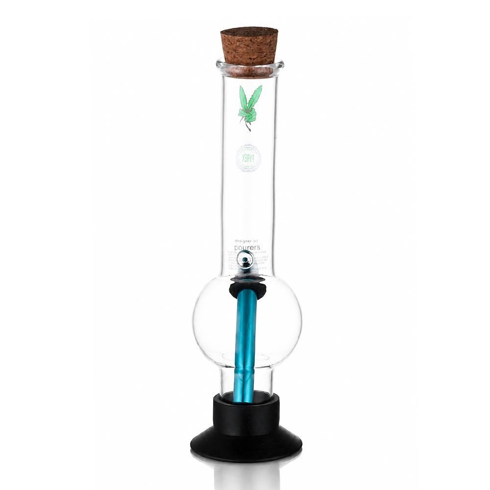 Clear 31cm bubble glass bong with blue stem and cork plug back view