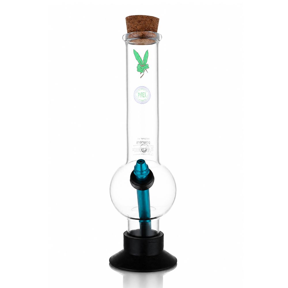 Clear 31cm bubble glass bong with blue stem and cork plug stem front view