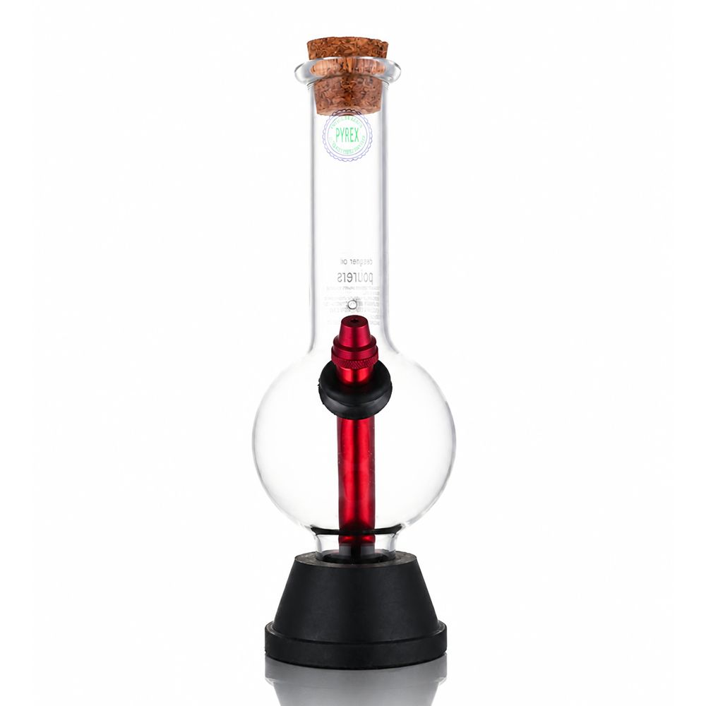 Clear 27cm bent neck bubble glass bong with blue stem and cork plug