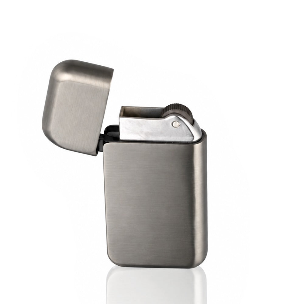 Gunmetal grey brushed metal flip-top lighter, lid open angled view | Bong Warehouse