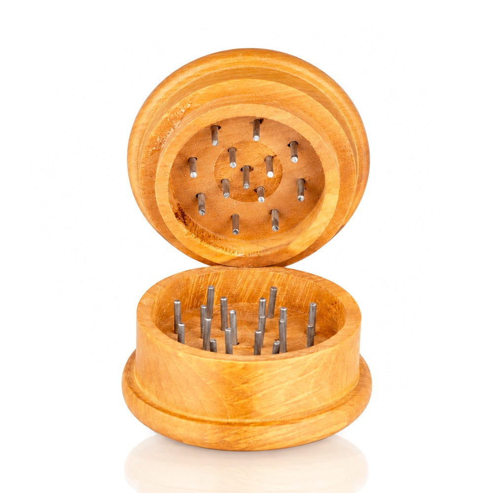 BW Carved Leaf Natural Wooden Hand Grinder Open View 02