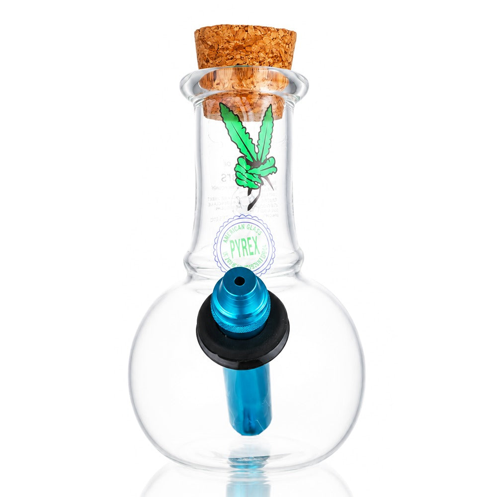BW Clear Cork Top Bubble Glass Bong Blue Downstem Leaf Decal Front View