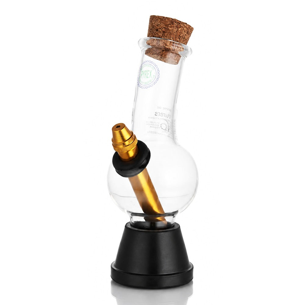 BW Clear Cork Top Bubble Glass Bong Gold Downstem Side Angle View 02