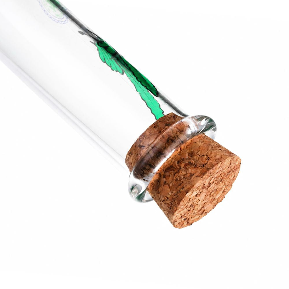 Clear glass bong cork top stopper detail close-up with green stem visible