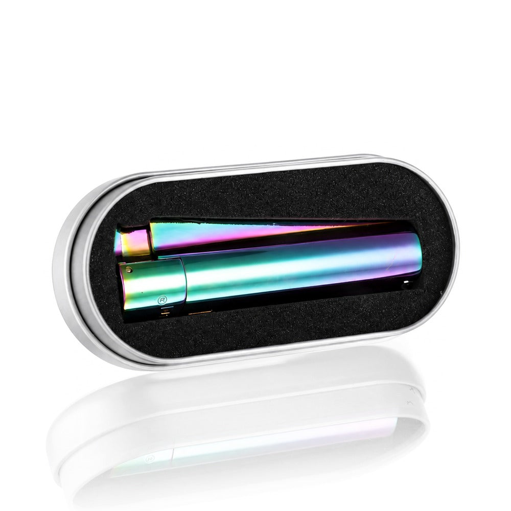 Clipper Large Metal Refillable Lighter - Icy Rainbow - With Case Angle View - Bong Warehouse