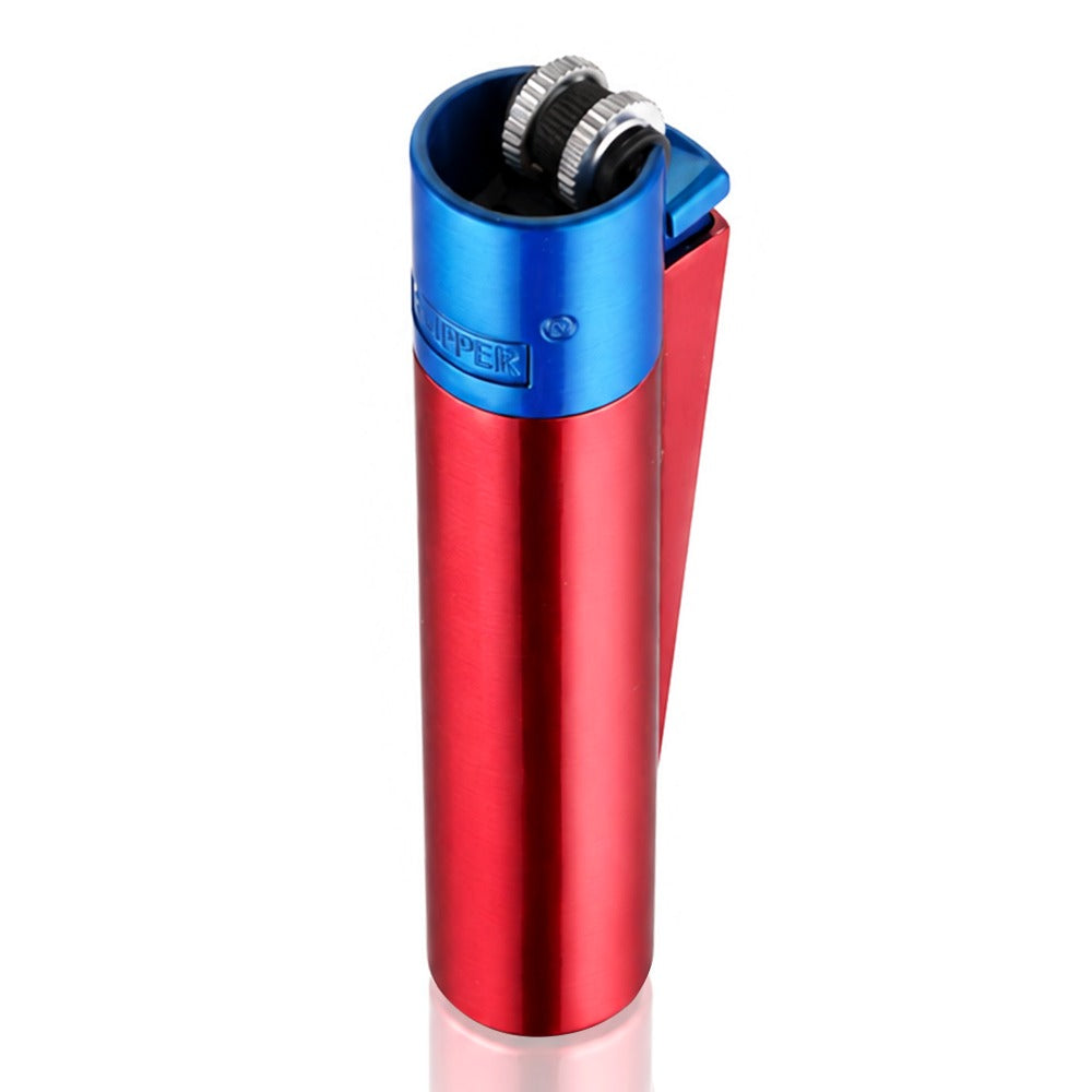 Clipper Large Metal Refillable Lighter - Red/Blue - Top Right Close-Up View - Bong Warehouse