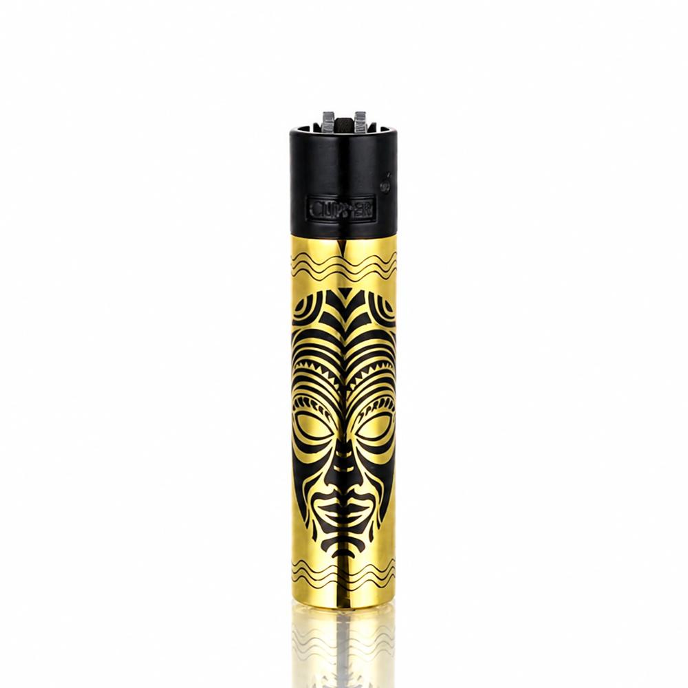 Gold Metal Clipper Totems lighter front view with engraved tribal mask design