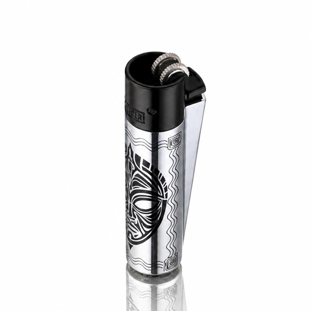 Silver Clipper Totems metal lighter flint detail with engraved totem design