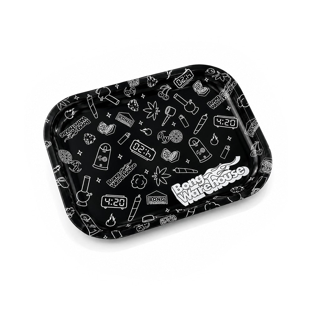 Black doodle print metal rolling tray with white smoking icons from Bong Warehouse, angled view