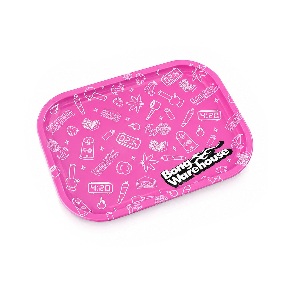Pink doodle print metal rolling tray with white smoking icons from Bong Warehouse, angled view