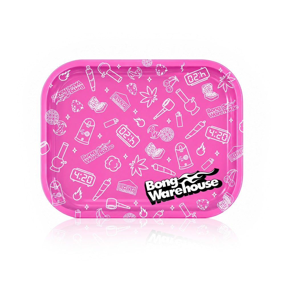 Pink doodle print metal rolling tray with white smoking icons from Bong Warehouse, top view