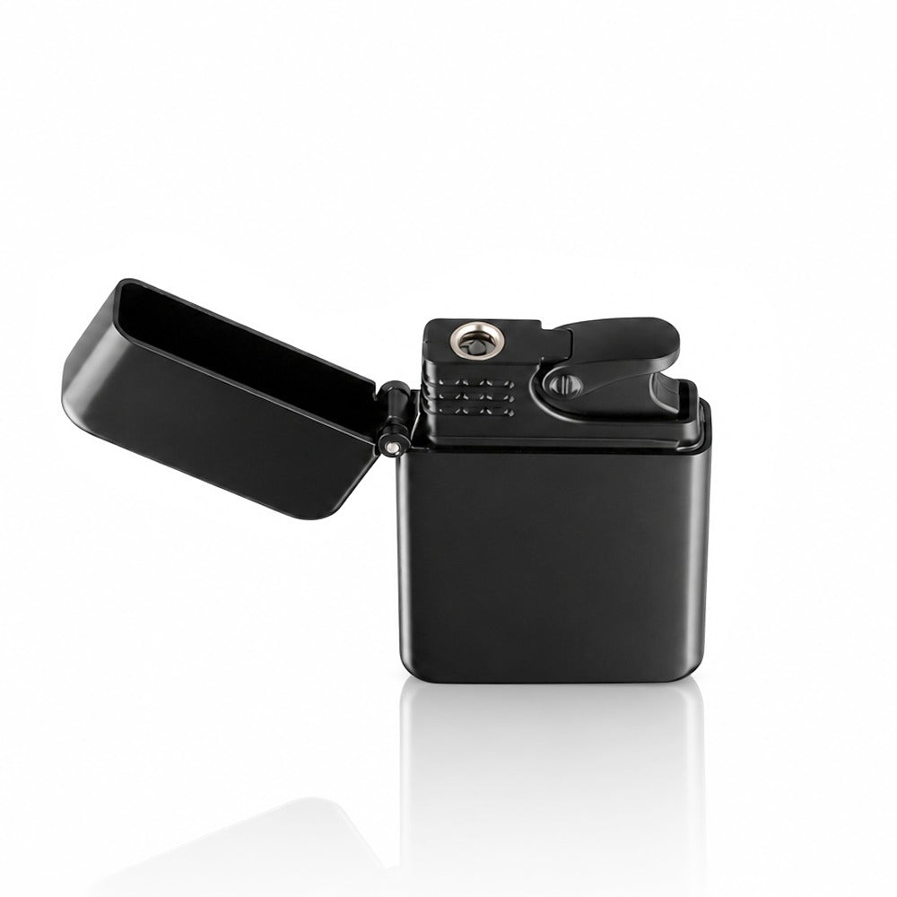 Close-up of the butane jet burner on a matte black slim flip-top lighter | Bong Warehouse