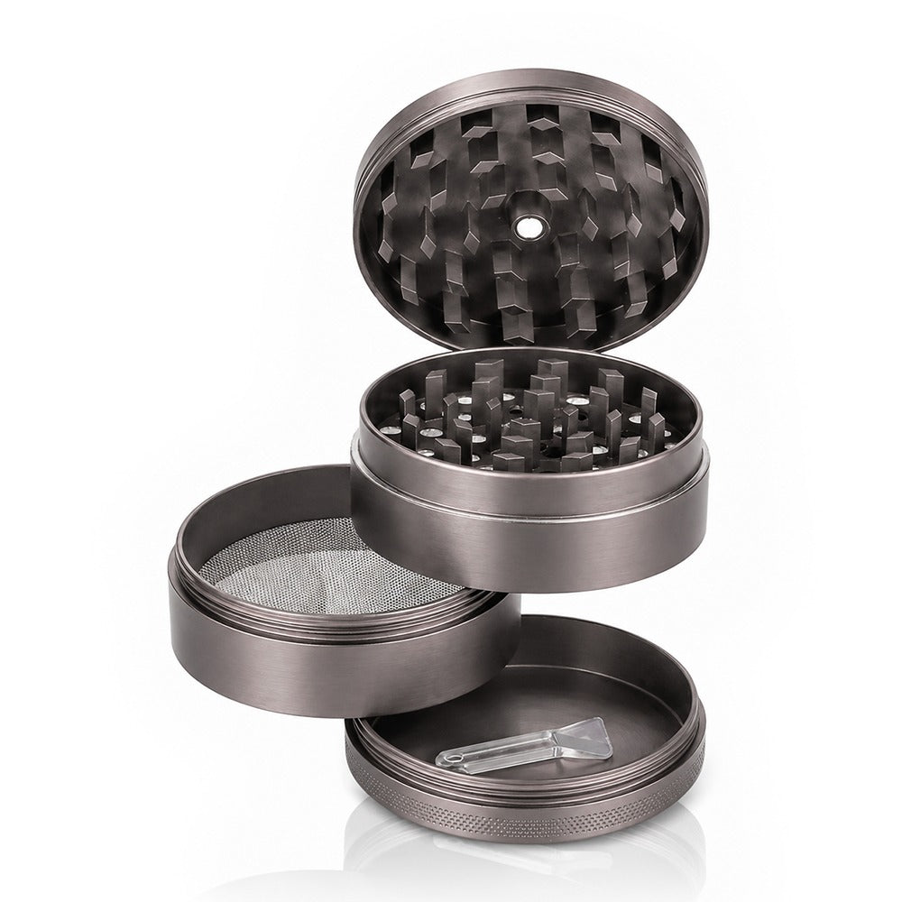 Gunmetal grey 4-piece metal weed grinder from Bong Warehouse shown in layers with grinding teeth, screen and scraper