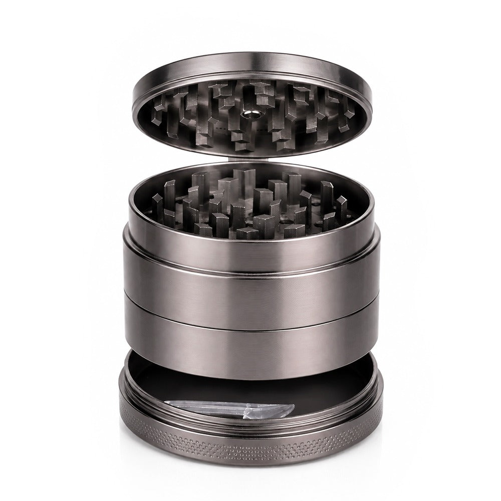 Gunmetal grey 4-piece metal weed grinder from Bong Warehouse, open to show grinding teeth and scraper