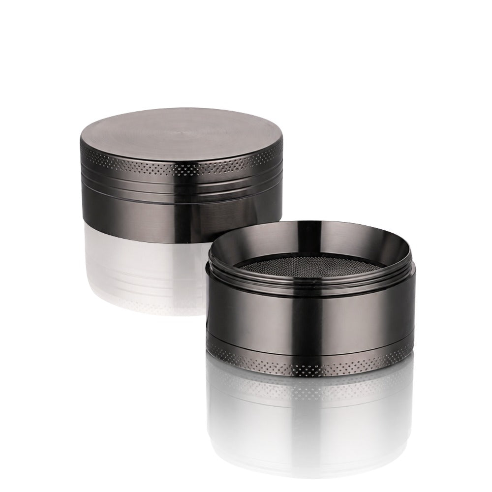 Close-up of the fine mesh pollen screen inside the gunmetal grey 4-piece metal weed grinder from Bong Warehouse