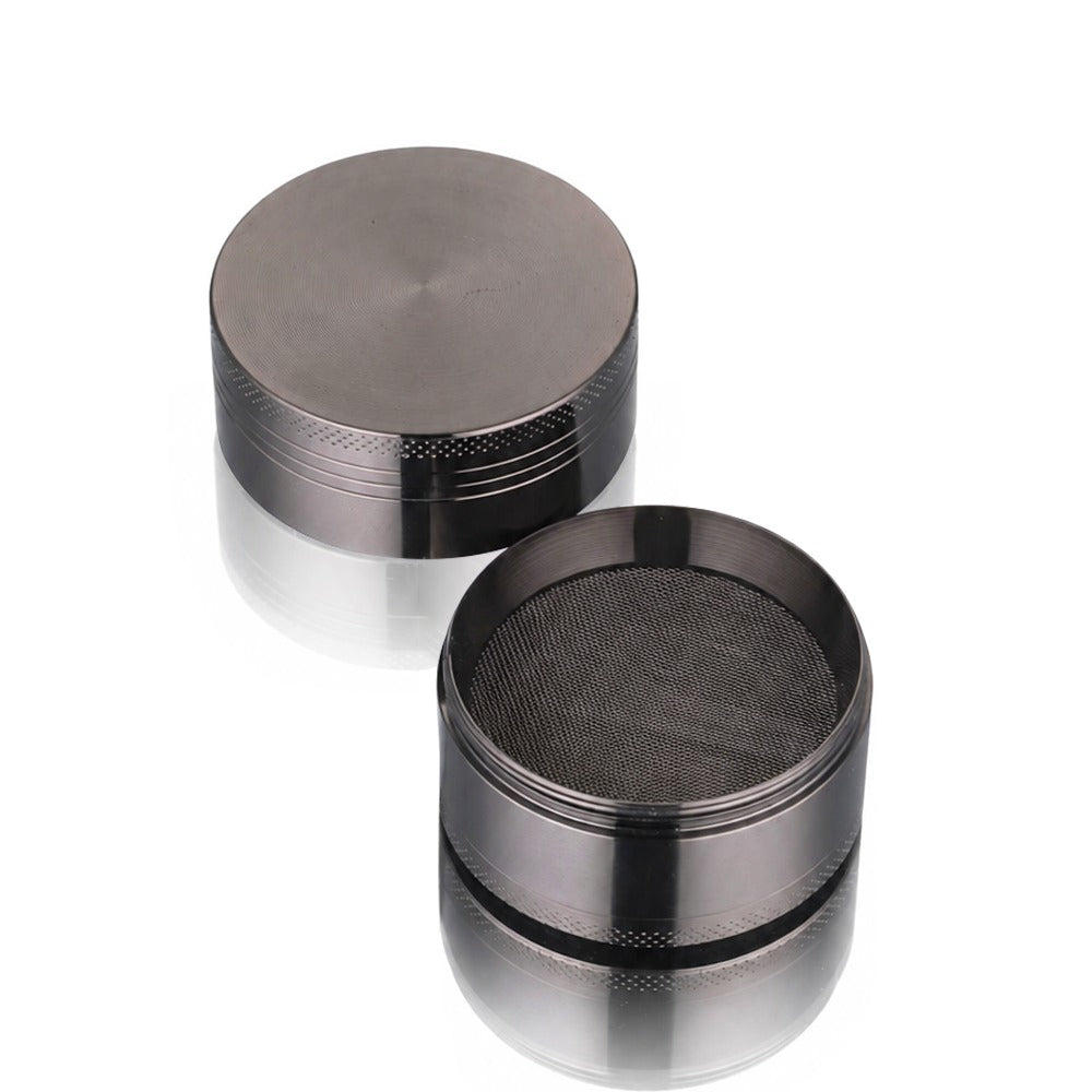 Mesh pollen screen and knurled body of the gunmetal grey 4-piece metal weed grinder from Bong Warehouse