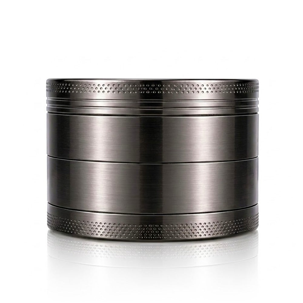 Gunmetal grey 4-piece metal weed grinder from Bong Warehouse, side profile showing its four stacked sections
