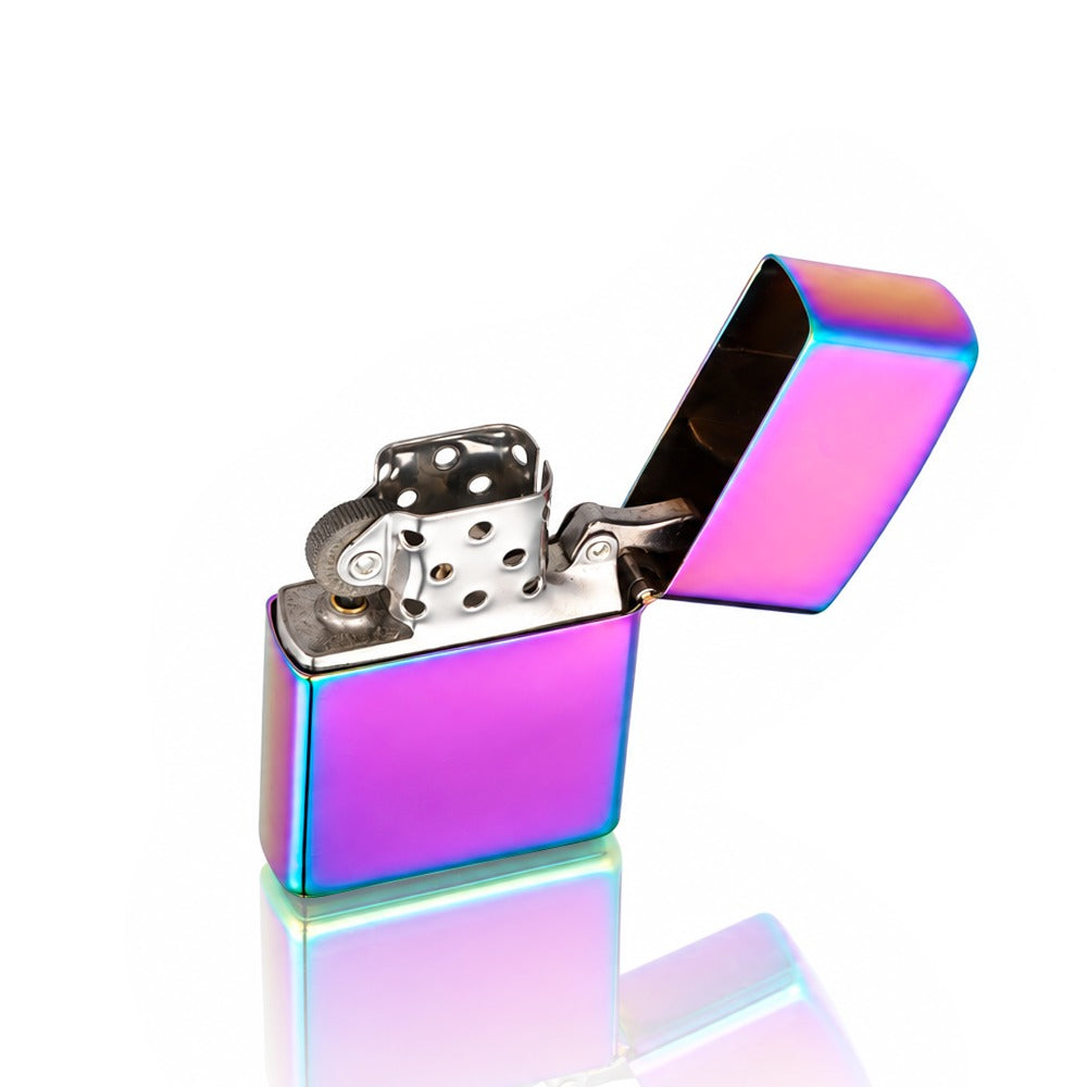 Rainbow iridescent refillable flip-top petrol lighter, open angled view | Bong Warehouse