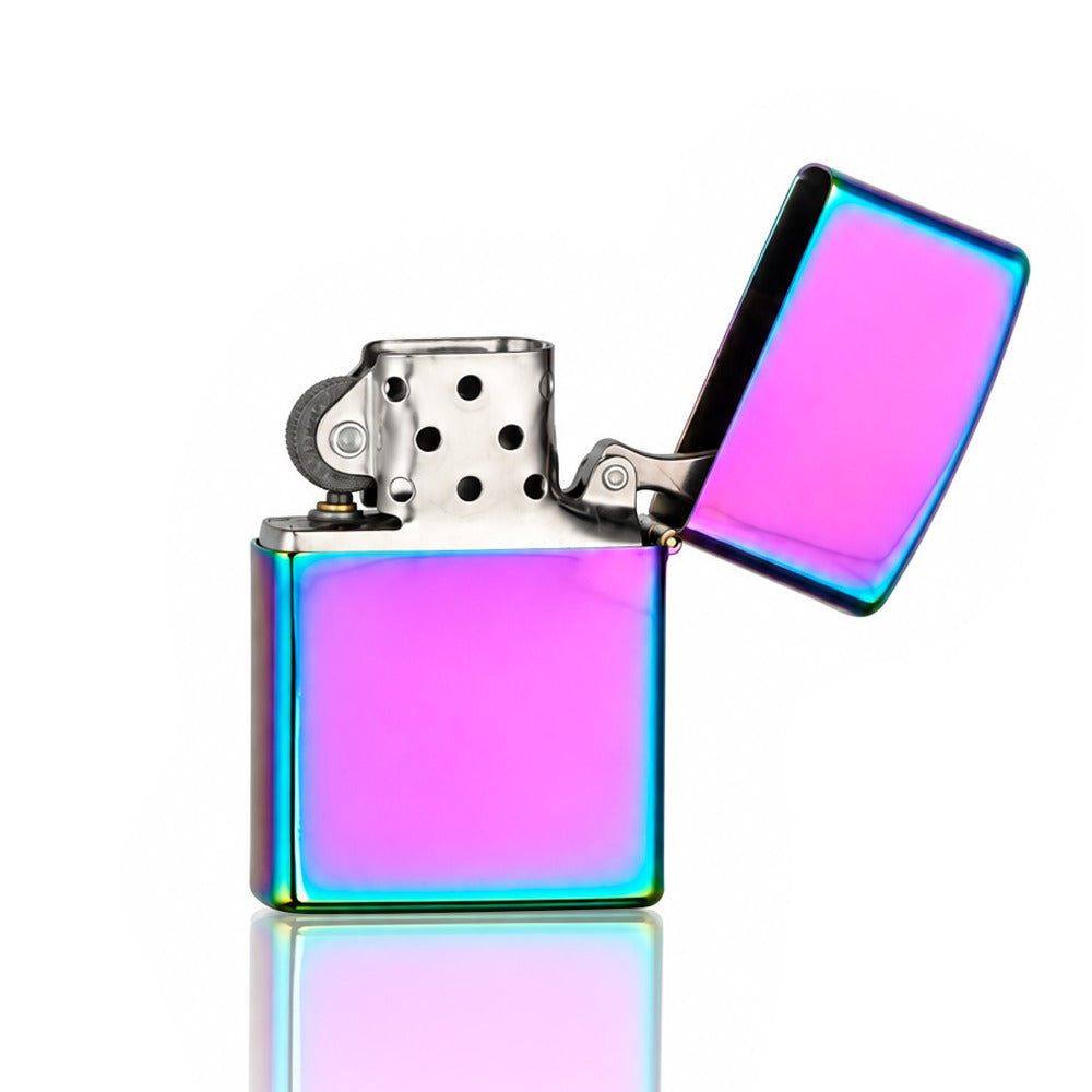 Rainbow iridescent flip-top petrol lighter with lid open, angled view | Bong Warehouse