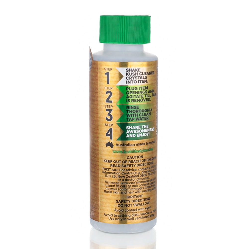 Kush Kleen 162g pipe cleaner back label showing 4-step usage instructions – Australian made and owned