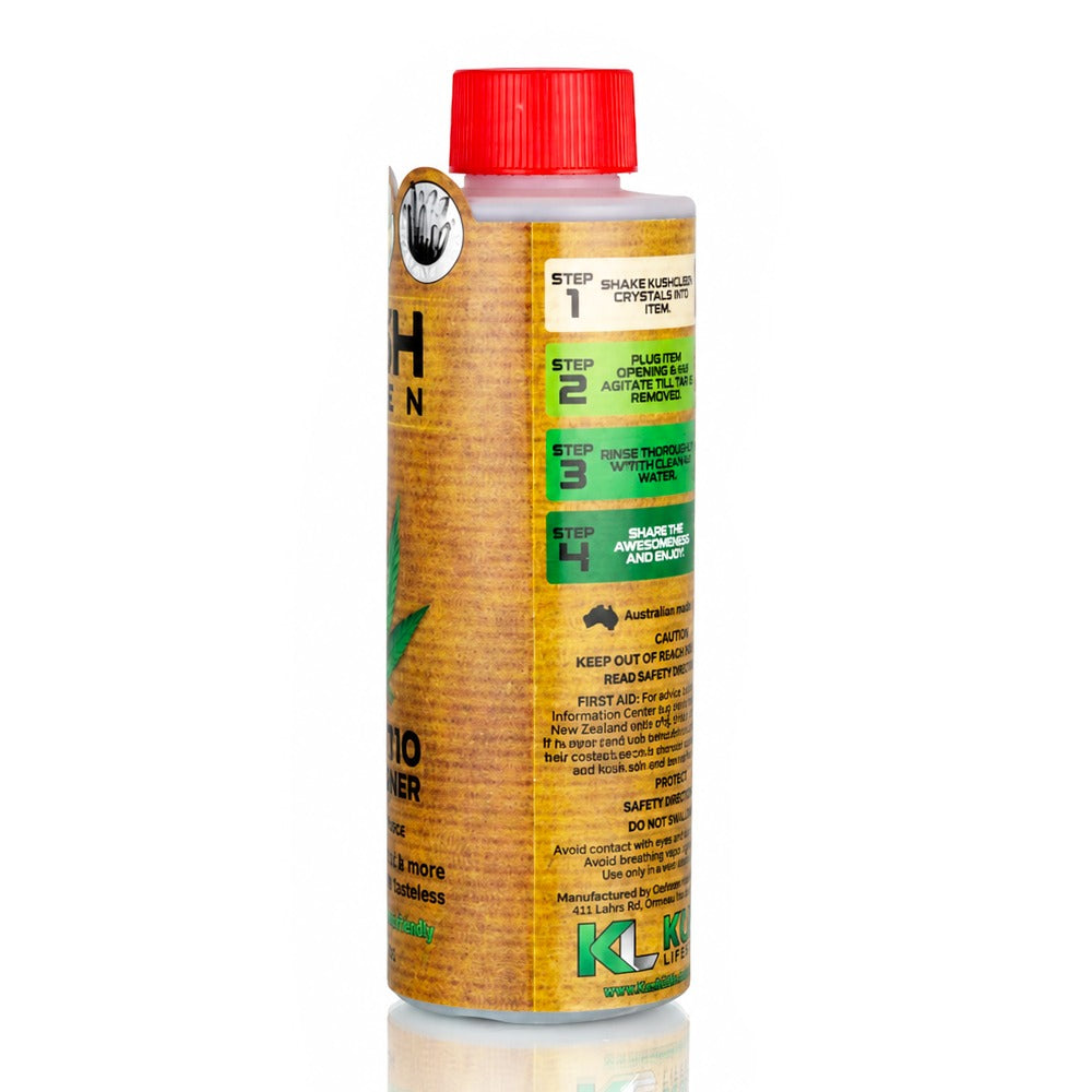 Kush Kleen 420 & 710 Pipe Cleaner 325g bottle back angle view with cleaning instructions