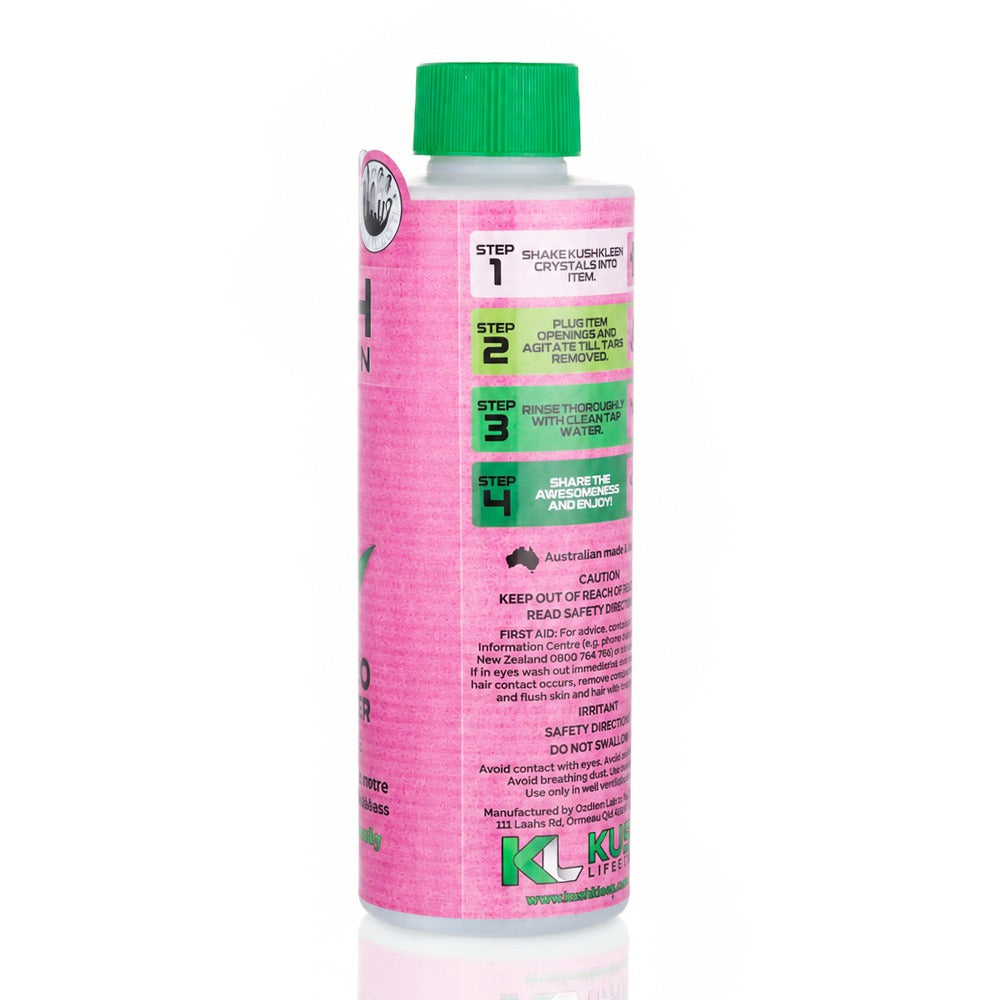 Kush Kleen 325g Pink pipe cleaner back label showing 4-step usage instructions – Australian made and owned