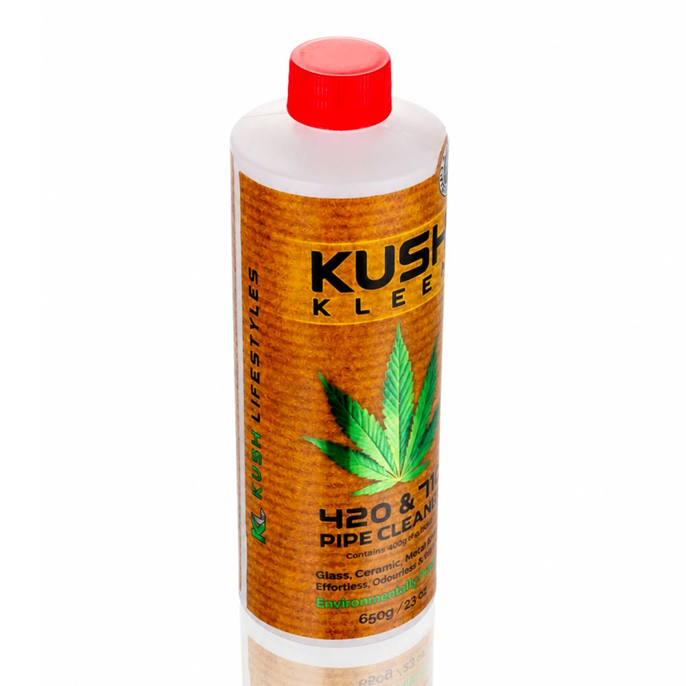 Kush Kleen 420 & 710 Pipe Cleaner 650g bottle front angle view with cannabis leaf design