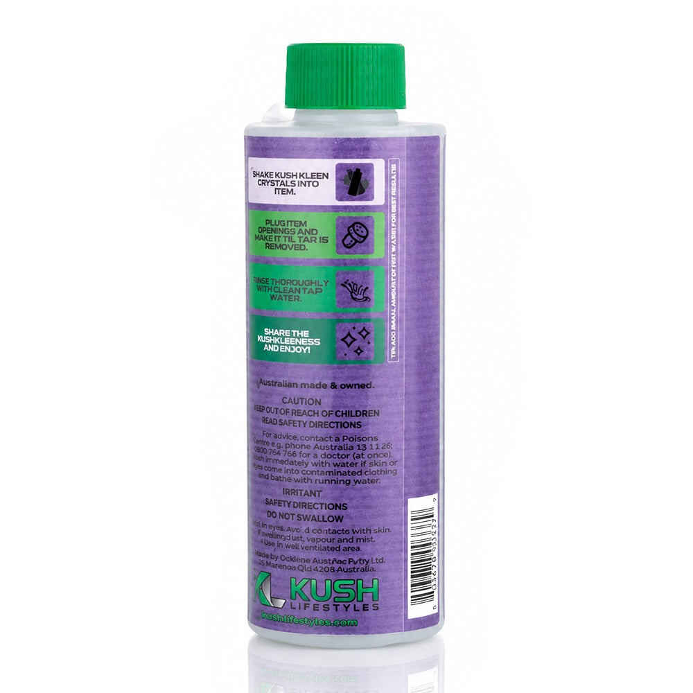 Kush Kleen 325g Purple pipe cleaner back label showing 4-step usage instructions – Australian made and owned