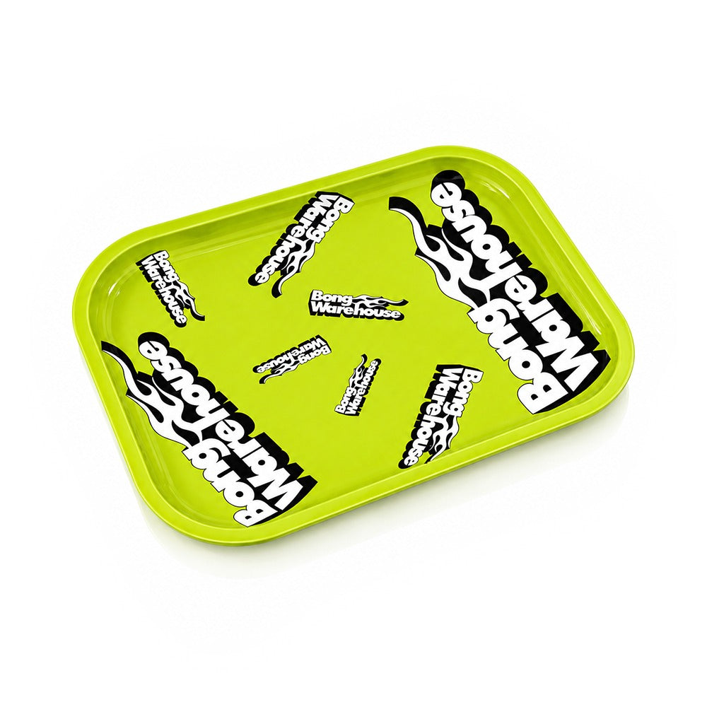 Lime green Bong Warehouse logo print metal rolling tray, angled view