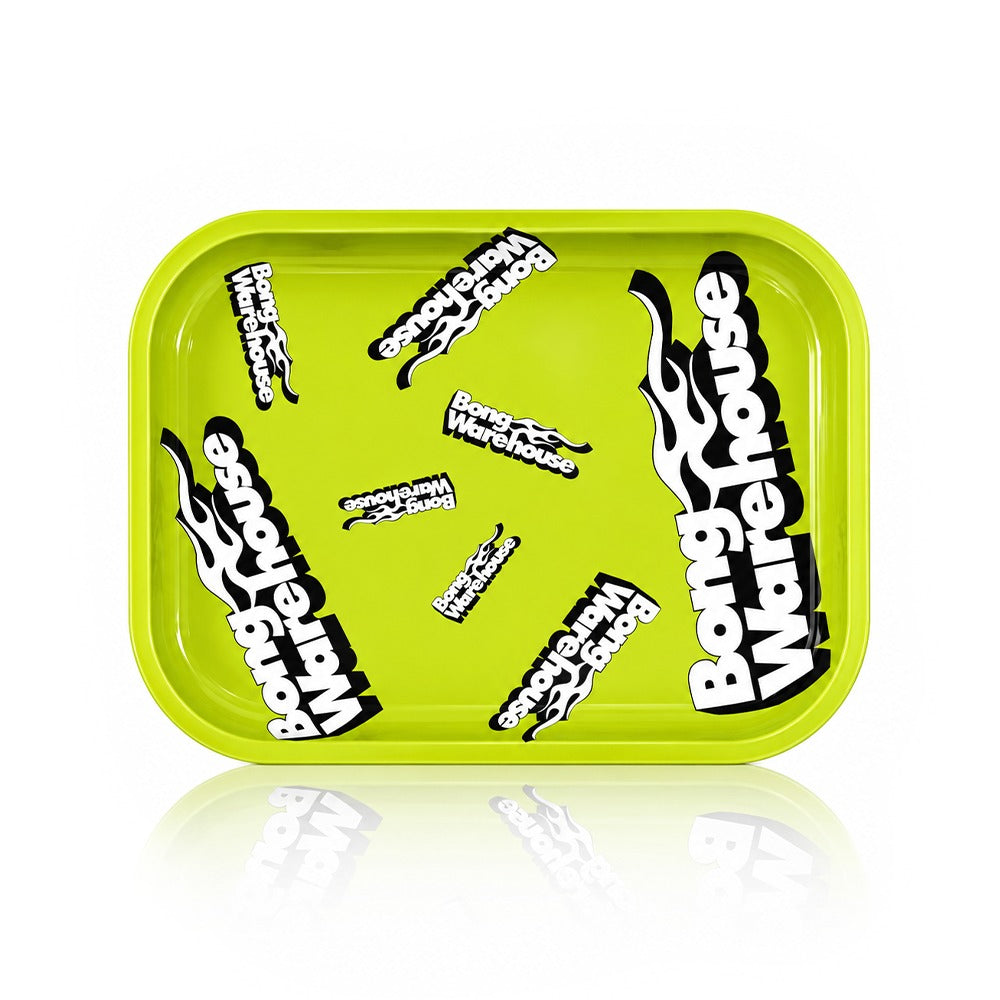 Lime green Bong Warehouse logo print metal rolling tray, top view