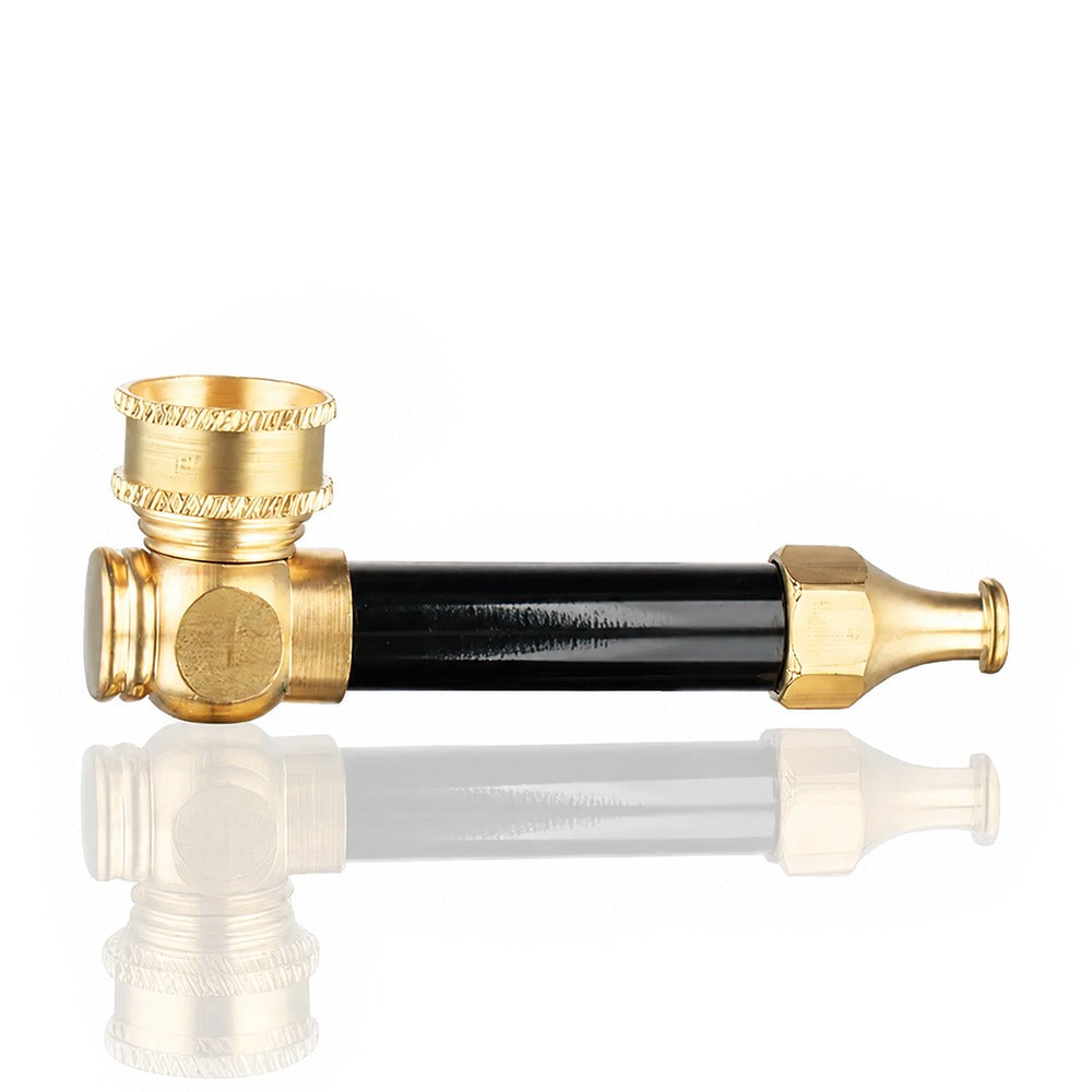 Black metal peace pipe with gold brass fittings – side view