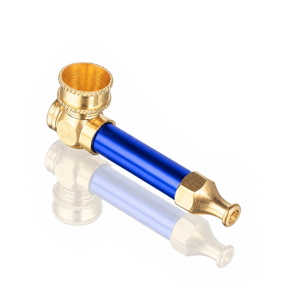 Blue metal peace pipe with gold brass fittings – angle view