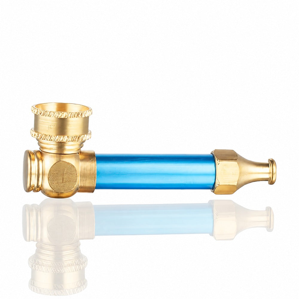 Light blue metal peace pipe with gold brass fittings – side view