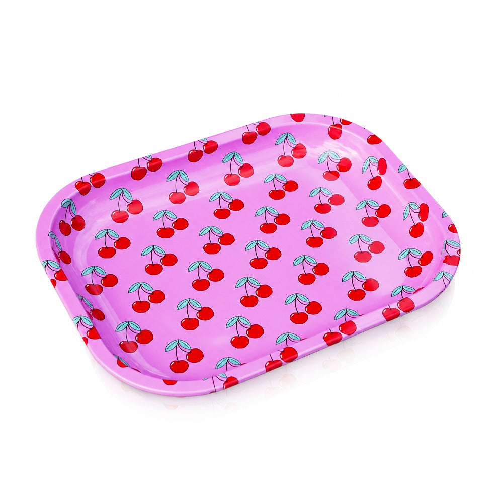 BW pink cherry rolling tray – angled view of pink metal rolling tray with red cherry pattern