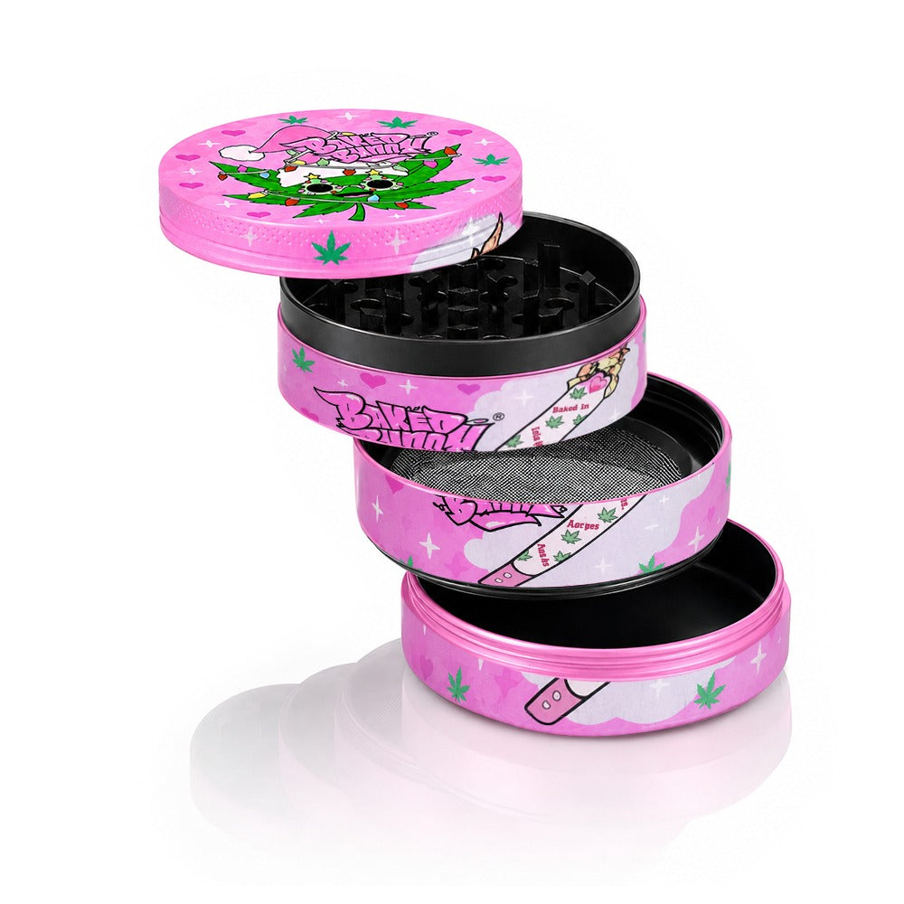 Exploded view of pink Christmas metal herb grinder – three layers apart, festive cannabis leaf Santa design, holiday gift for stoners, sparkly pink Xmas smoking kit