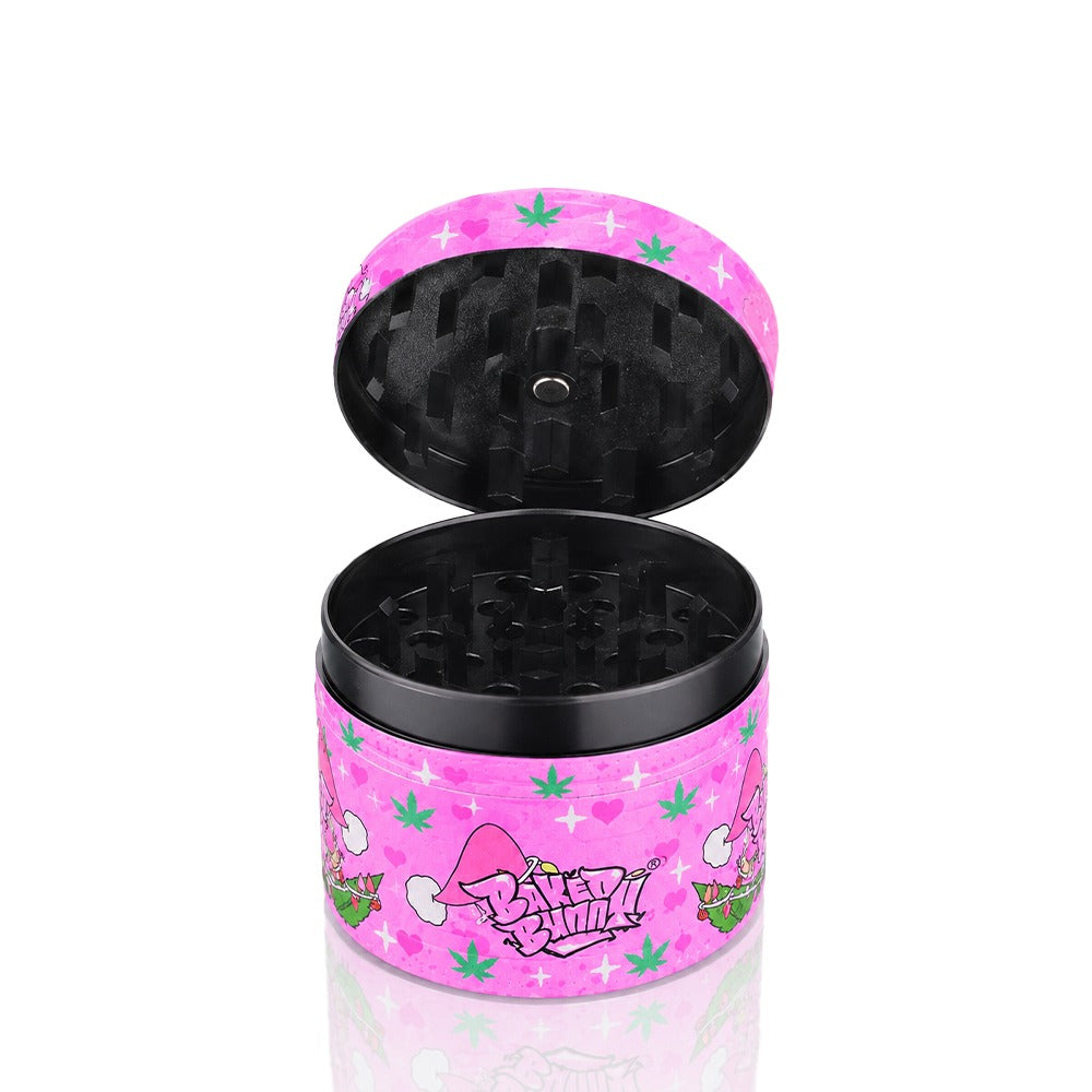 Pink Baked Bunny grinder open showing grinding chamber – sparkly star design herb grinder, festival girl accessory, indie sleaze meets cute, pretty pink smoker gift