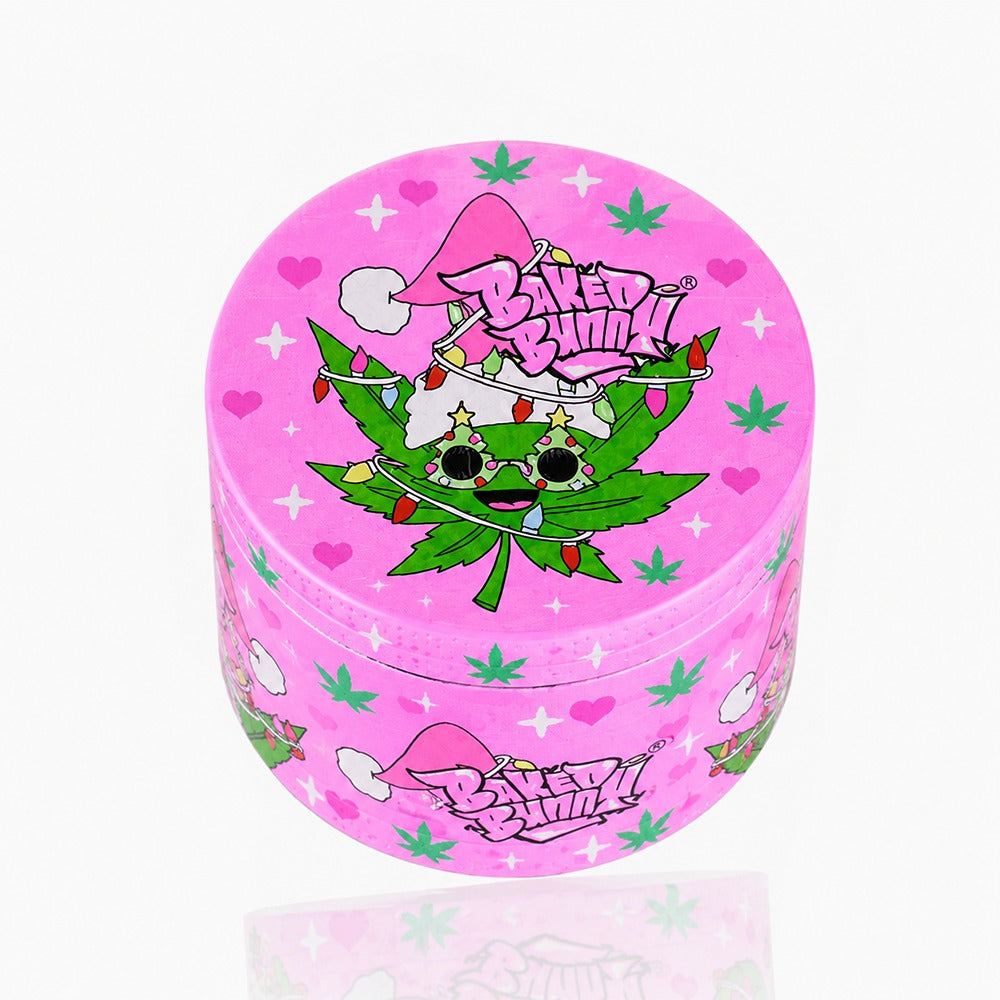 Pink Christmas Baked Bunny herb grinder with festive cannabis Santa leaf design – holiday stoner gift, Xmas weed grinder, cute pink Christmas accessory, Elf meets cannabis