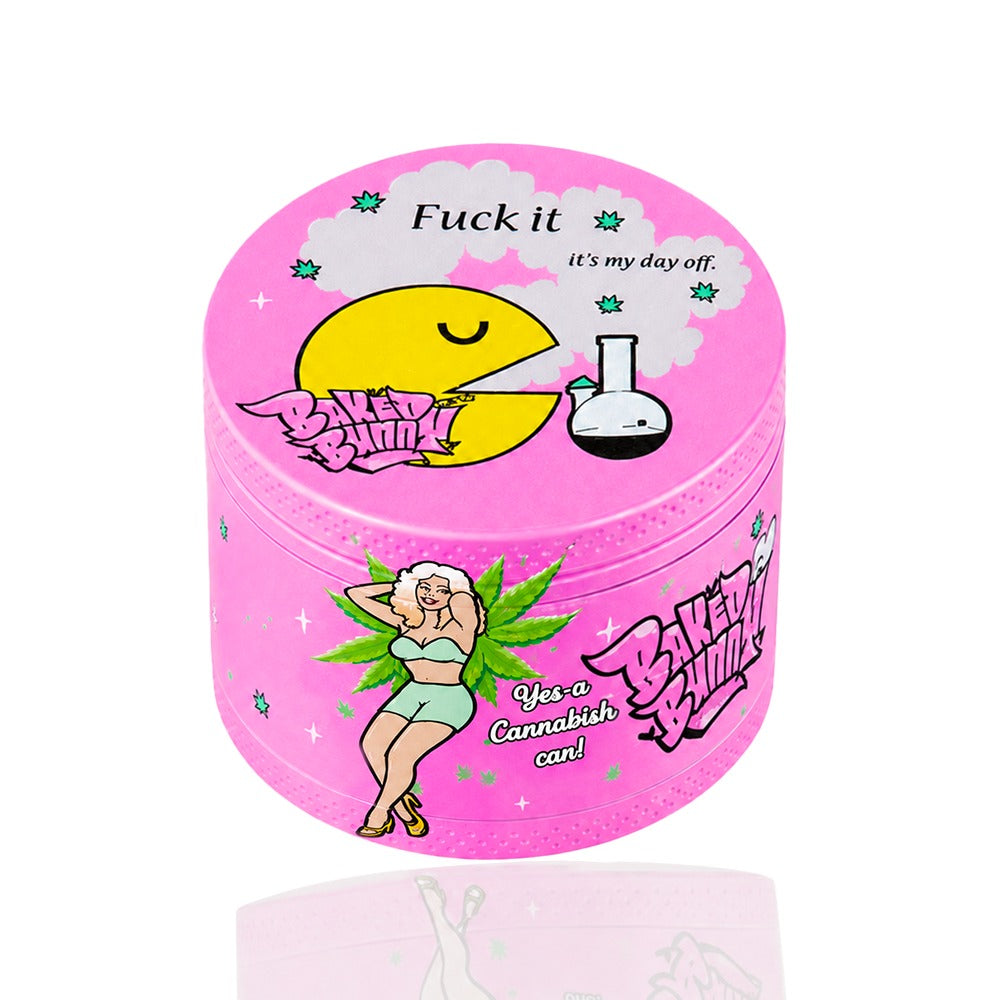 Pink Day Off herb grinder with Pac-Man Baked Bunny design – retro gaming meets cannabis, pop art weed grinder, fun stoner gift, baddie pink aesthetic, Y2K vibes