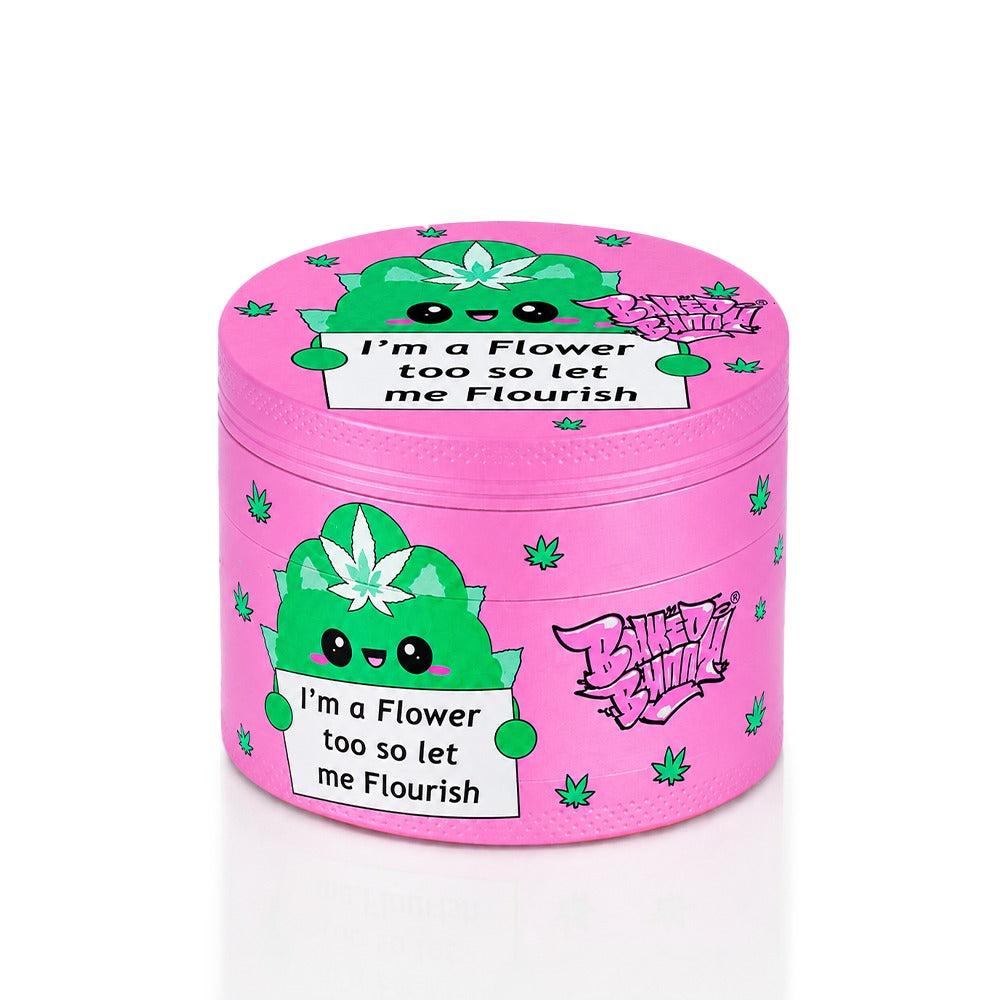 Top view of pink Let Me Flourish cannabis leaf grinder – flower power stoner girl aesthetic, feminine herb grinder, cute girly weed accessory, pretty pink cannabis tin