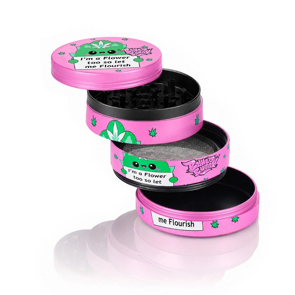 Let Me Flourish pink grinder open showing grinding teeth – herbalist stoner girl accessory, cute flower power weed grinder, girly cannabis gift, boho pink smoker kit