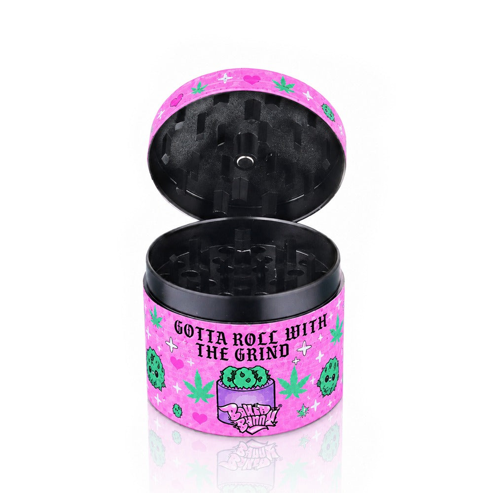 Open Gotta Roll With The Grind pink metal grinder showing grinding teeth – cactus stoner design, mystical cannabis aesthetic, pretty girl herb grinder open lid view