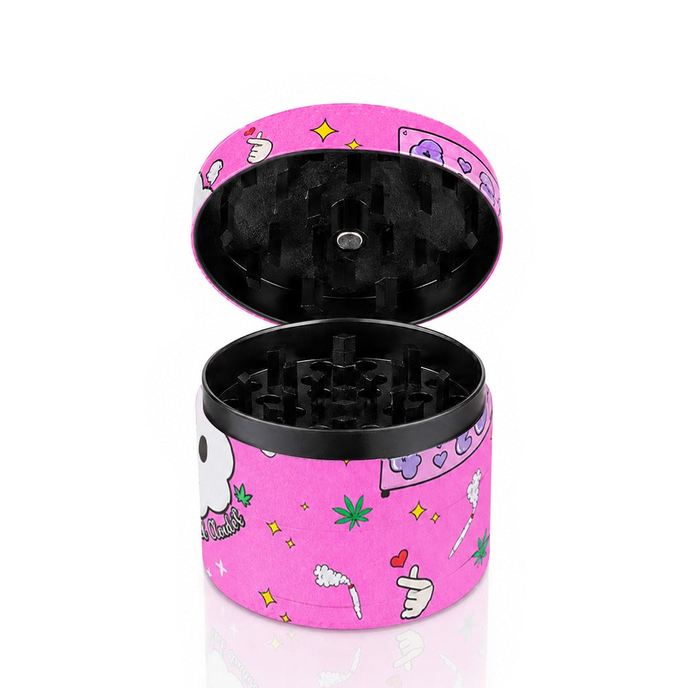 Open pink Stay Lifted Cloud Cadet metal grinder showing sharp grinding teeth – cute ghost stoner aesthetic, Powerpuff Girls energy, kawaii pink weed accessory open view
