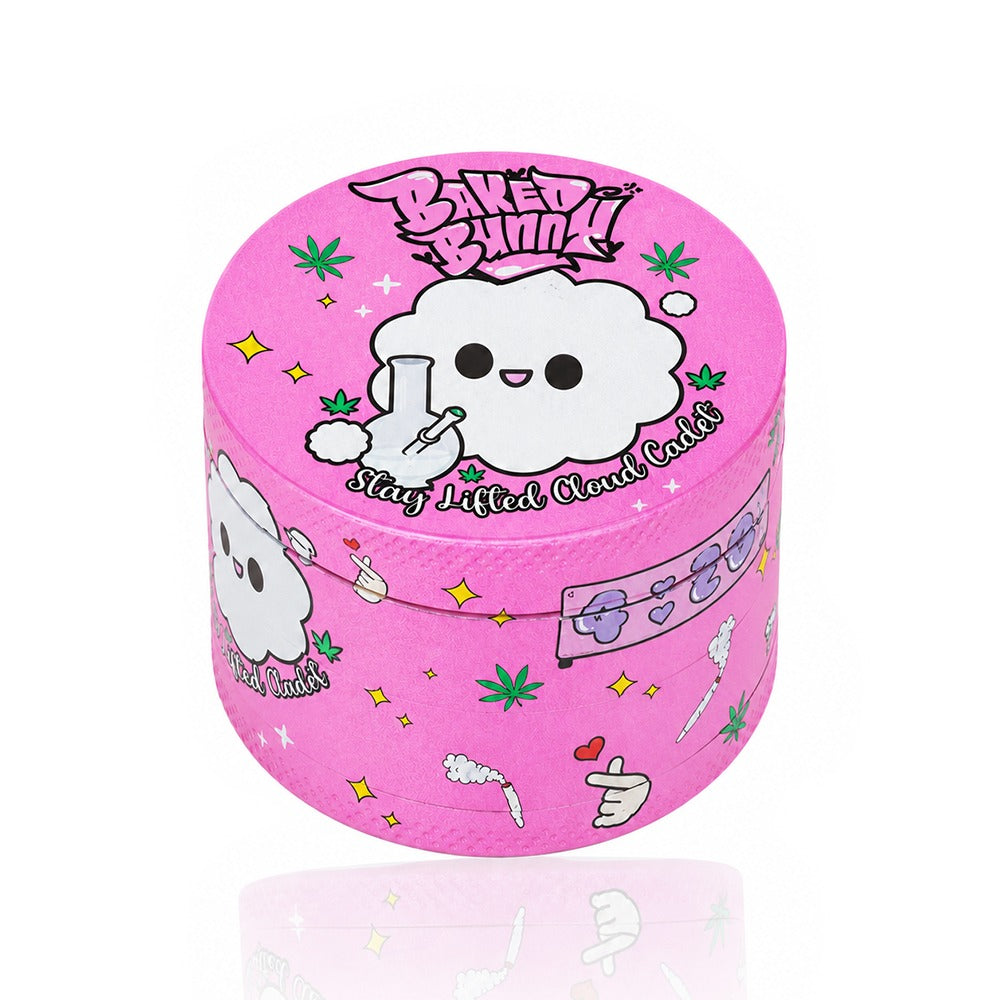Pink Baked Bunny Stay Lifted Cloud Cadet herb grinder – cute ghost character weed grinder, Y2K aesthetic, kawaii stoner girl gift, pastel pink smoking accessory