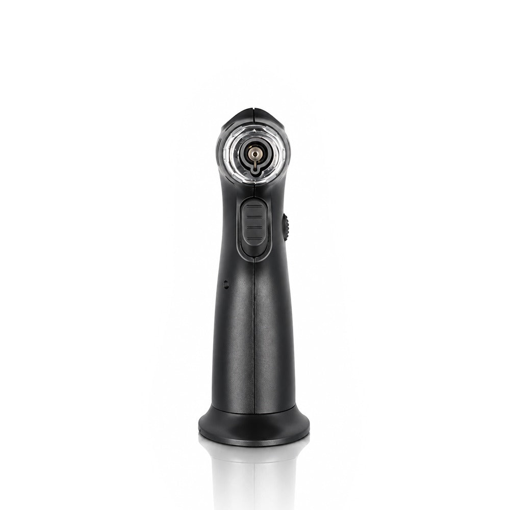 Head-on view of the single jet nozzle and flame adjuster wheel on a black torch lighter | Bong Warehouse